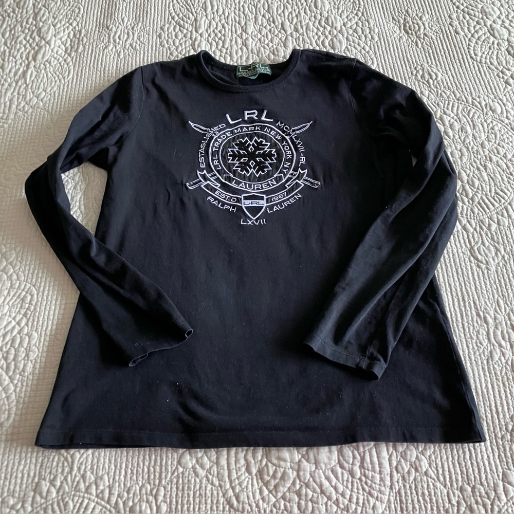 Ralph Lauren black cotton LS tee w/embroidered & beaded crest on the chest.